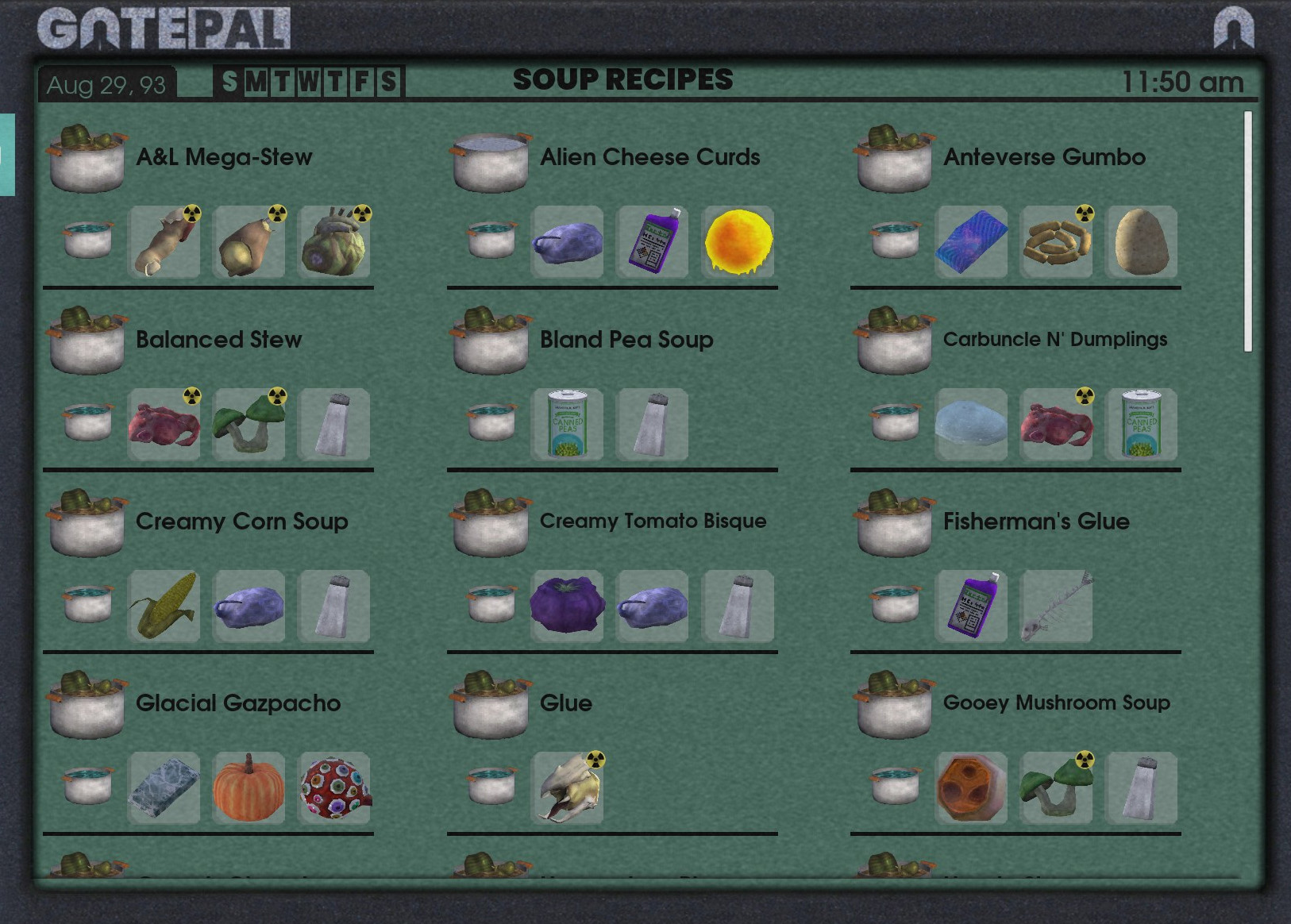 The GATEPAL Journal from Abiotic Factor, showing one page of four in the game's soup recipe list.