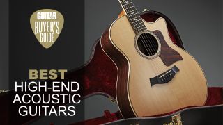 Taylor 814ce stood up in its case on a dark grey background with 'Best high-end acoustic guitars' text 