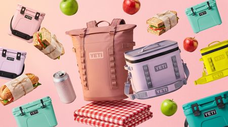 Collection of hard and soft Yeti coolers on a pink background with a picnic blanket, apples, and sandwiches