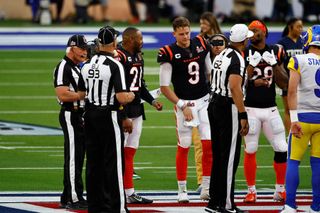 Joe Burrow #9 of the Cincinnati Bengals waits for the coin toss before Super Bowl LVI against the Los Angeles Rams at SoFi Stadium on February 13, 2022 in Inglewood, California.