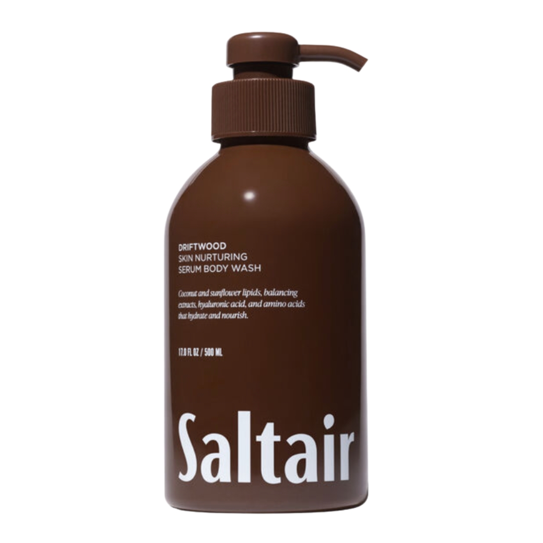 A product shot of the Saltair Driftwood Body wash, on a white background
