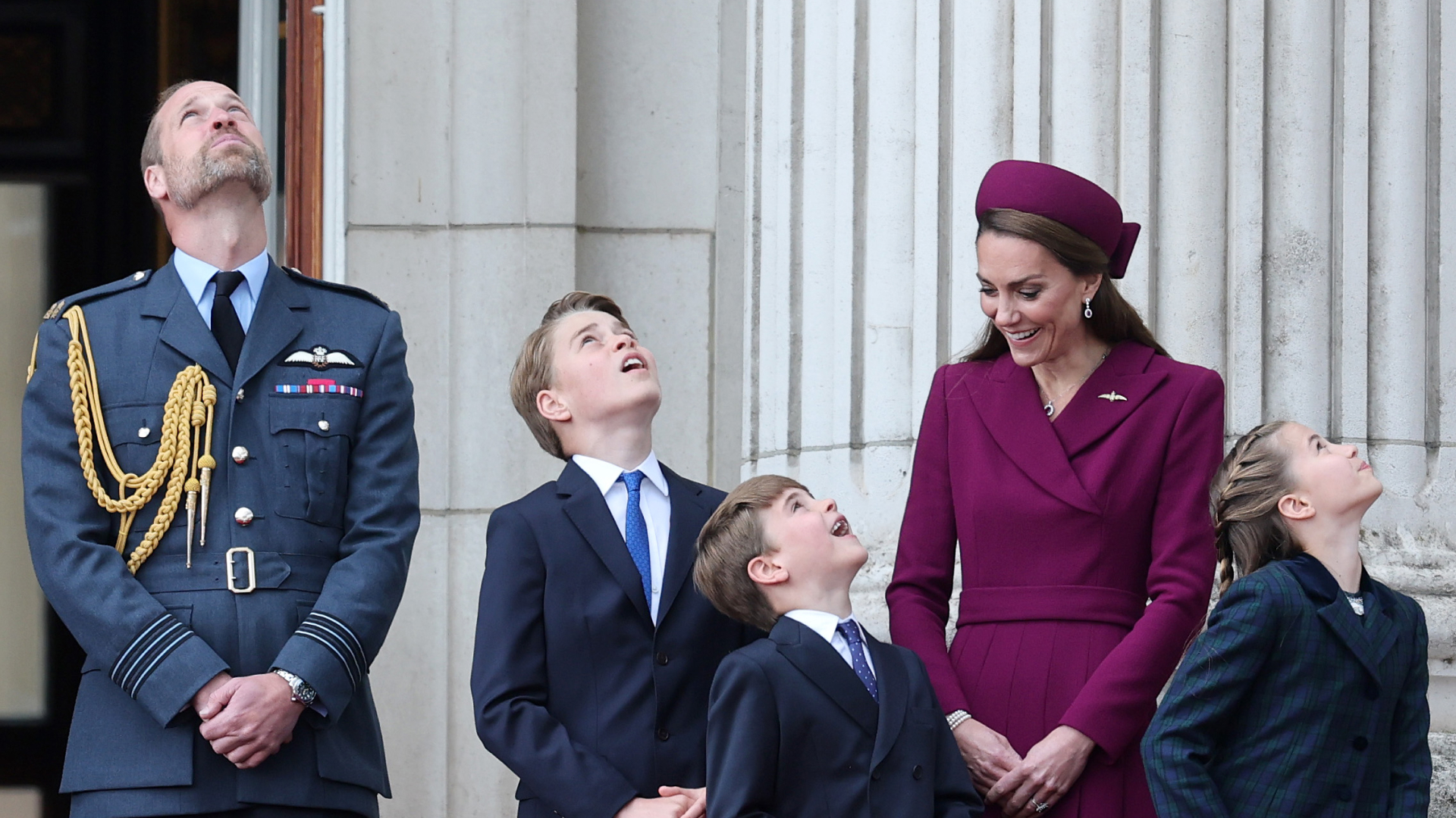 Prince William, Prince George, Prince Louis, Princess Kate and Princess Charlotte on the balcony for VE Day 80