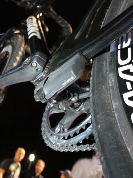 Just like on Giant's Rabobank road team bikes, Adam Craig's carbon 'cross prototype fits its Di2 battery to dedicated mounts on the non-driveside chain stay.