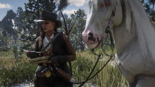 Red Dead Online - A player holds the reins of a white horse while holding a bowl of stew.