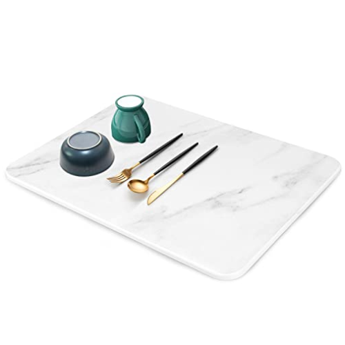 Stone Drying Mat for Kitchen Counter, Super Absorbent, Heat Resistant Dish Drying Mats, Eco-Friendly Diatomaceous Earth Stone Rack Tableware Mat (15.7x11.8 Inch, Whtie Marble)