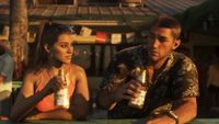 Jason and Lucia sitting on a pier, enjoying a beer together in the first Grand Theft Auto 6 trailer. 