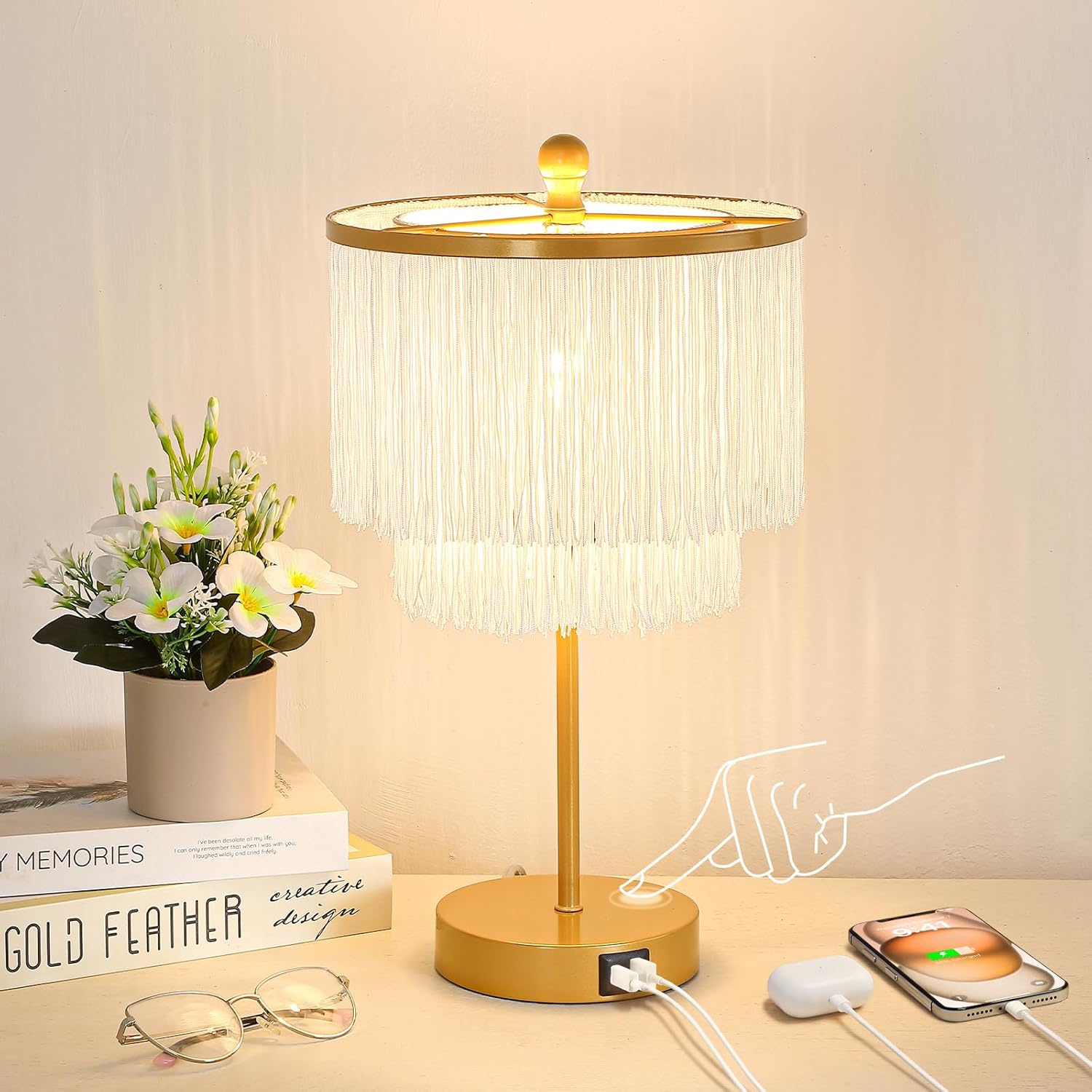 Boho Lamp for Bedroom, 3-Way Dimmable Bedside Touch Lamp With Usb Charging Port, Gold Table Lamp, Fringe Boho Table Lamp for Living Room, Teens Room, Dresser, Nightstand, Led Bulb Included