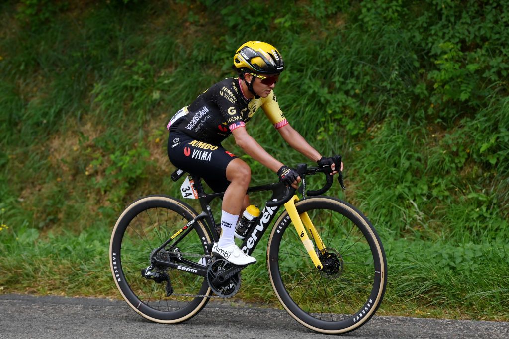 MONTIGNACLASCAUX FRANCE JULY 25 Coryn Labecki of The United States and Team JumboVisma competes in the chase group during the 2nd Tour de France Femmes 2023 Stage 3 a 1472km stage from CollongeslaRouge to MontignacLascaux UCIWWT on July 25 2023 in MontignacLascaux France Photo by Alex BroadwayGetty Images