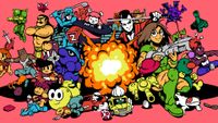 UFO 50 key art with characters exploding in group phot