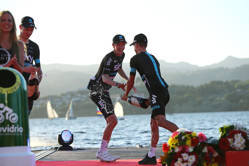 Team Sky riders celebrate on the Vuelta's stage 1 podium.