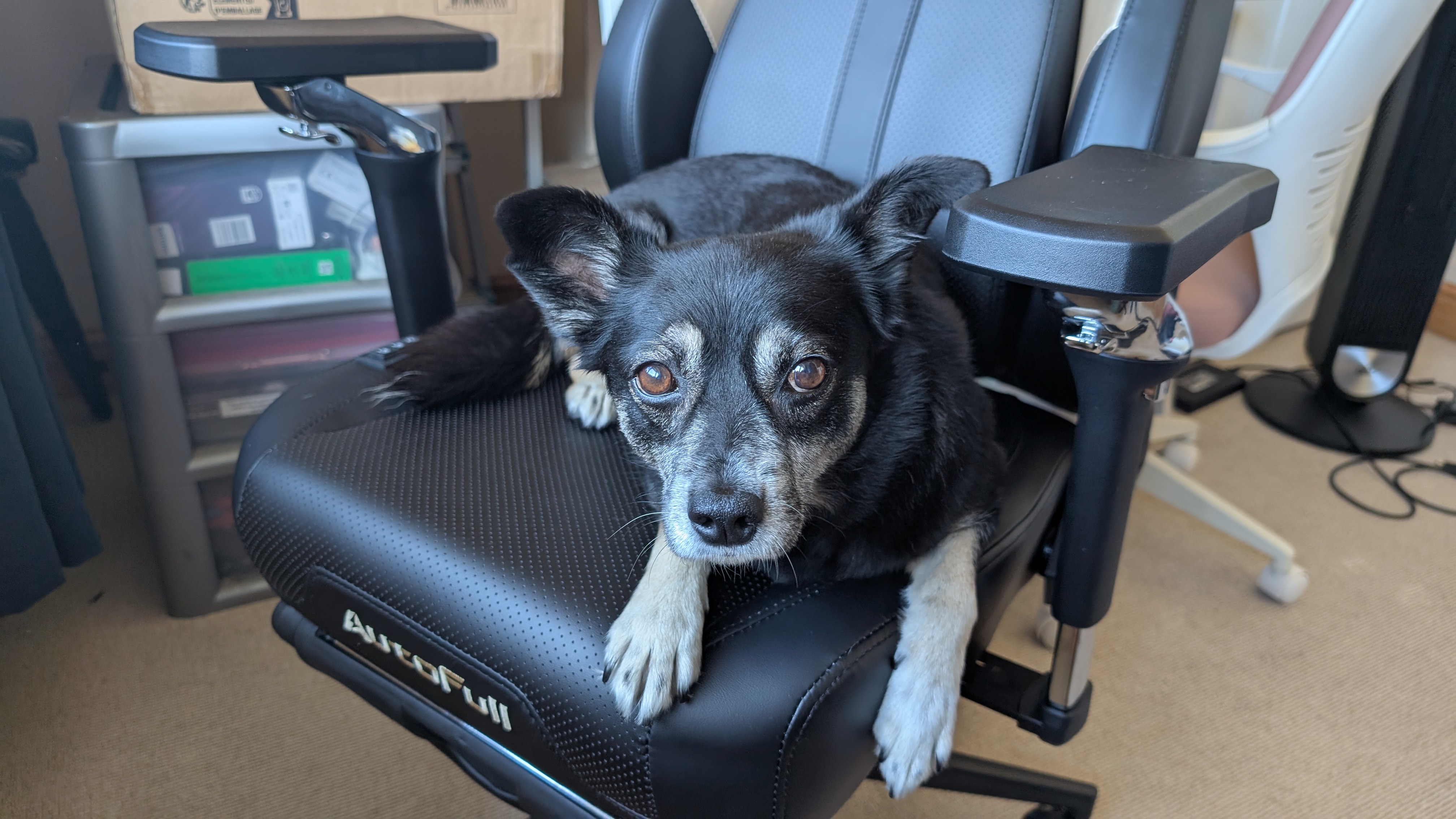 The AutoFull M6 Ultra gaming chair pictured in front of a desk with a gaming PC setup.