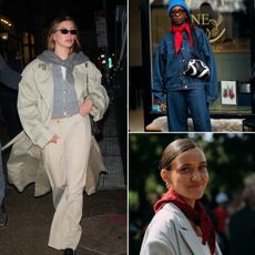a collage of women wearing winter triangle scarves, including Hailey Bieber and women at Fashion Week