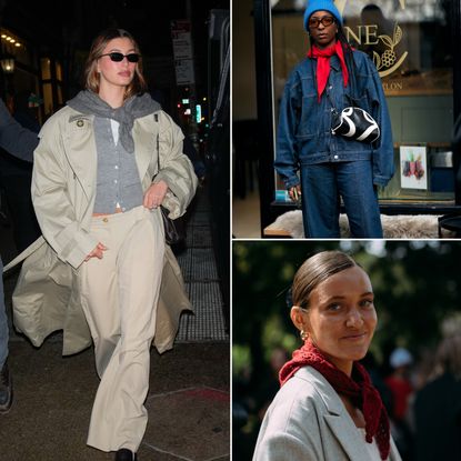 a collage of women wearing winter triangle scarves, including Hailey Bieber and women at Fashion Week