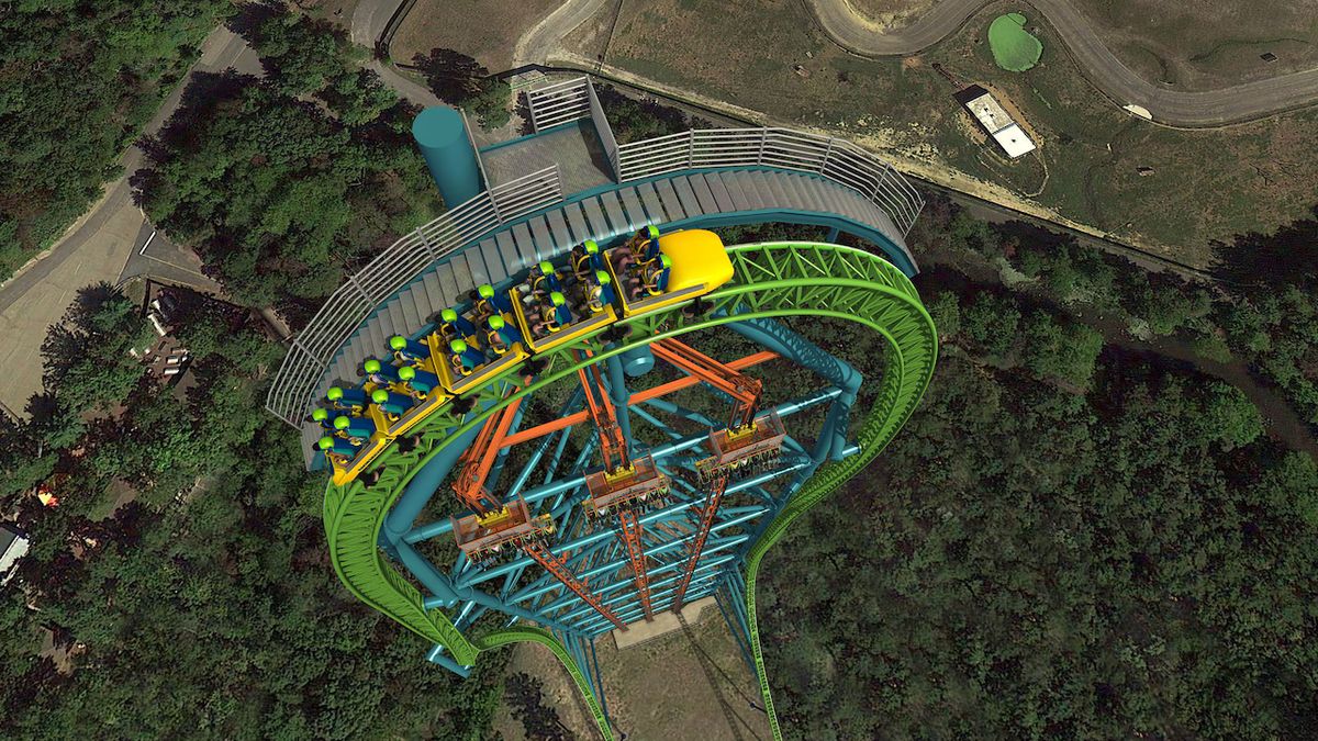 An overhead view of a Kingda Ka car at the top of the loop.