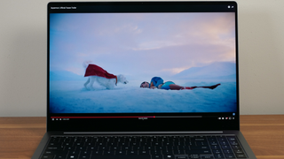 Samsung Galaxy Book 5 Pro showing a movie trailer to illustrate the vibrance of the display's color.