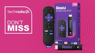 Roku Streaming Stick with box and remote on pink background with TechRadar don't miss sign