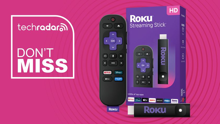 Roku Streaming Stick with box and remote on pink background with TechRadar don&#039;t miss sign