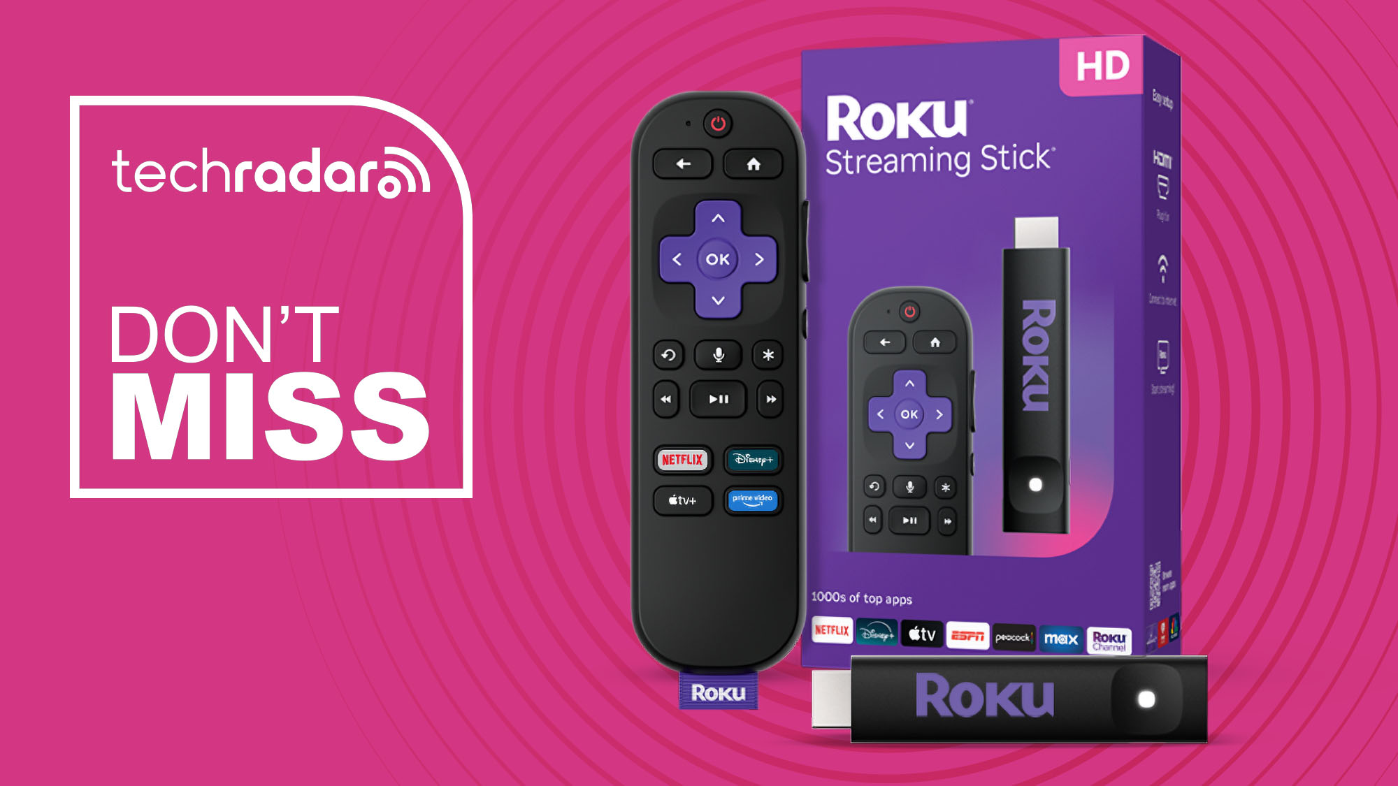 Roku Streaming Stick with box and remote on pink background with TechRadar don&#039;t miss sign