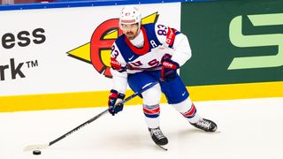 Conor Garland with the puck for USA in the Ice Hockey World Championship.