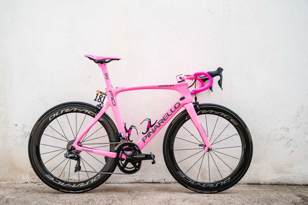 Nearly every component of Froome's bike was given the pink treatment for the final stage in Rome, with Fausto Pinarello signing Froome's top tube
