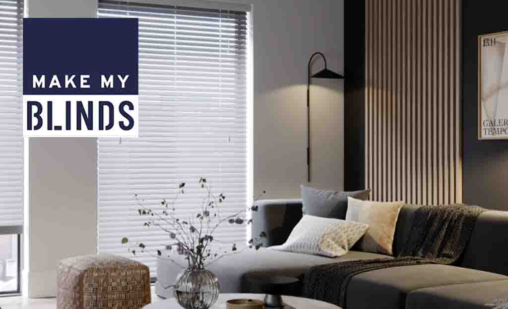 Make my blinds logo on the top left with a close up shot of a living with closed blinds