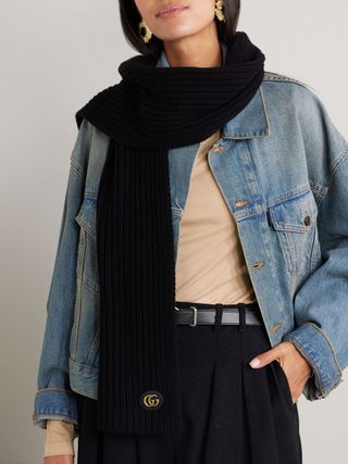 Embellished Leather-Trimmed Ribbed Wool and Cashmere-Blend Scarf