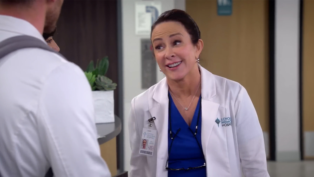 Patricia Heaton in a white doctor's coat in Carol's Second Act