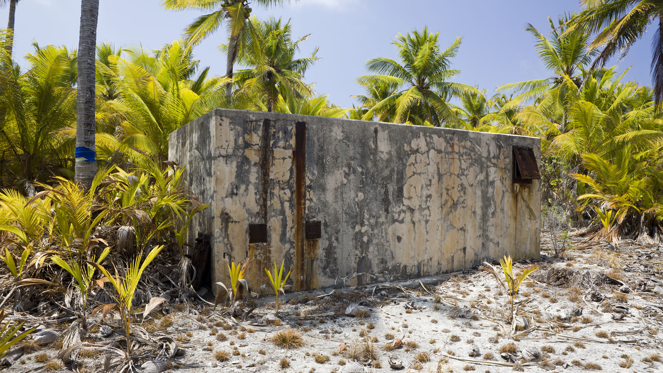 Old bunker built for nuclear weapons test observation, Marshall Islands, Bikini Atoll, Micronesia, Pacific Ocean.