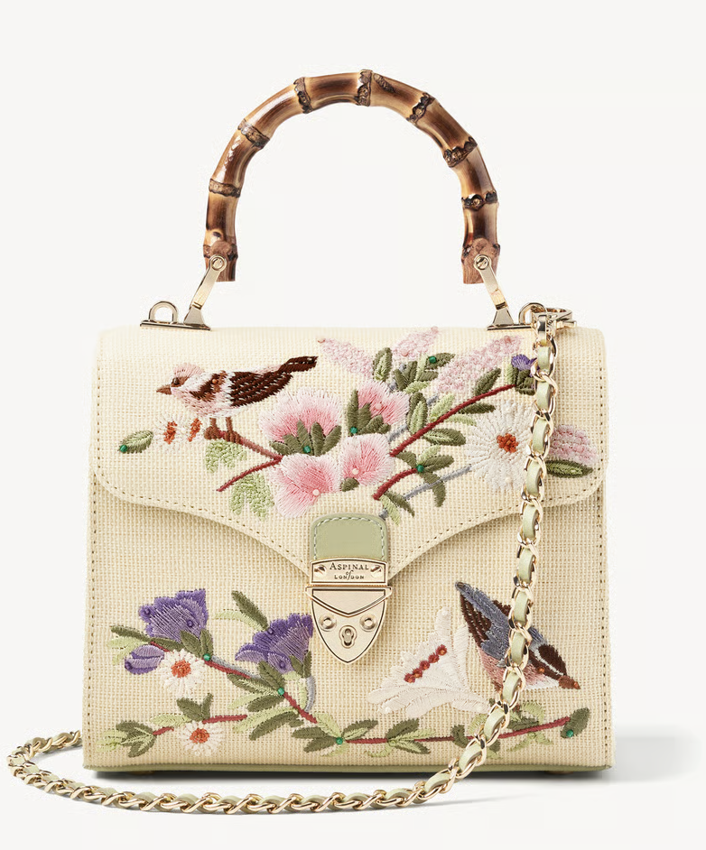 An embroidered beige Aspinal Midi Mayfair bag