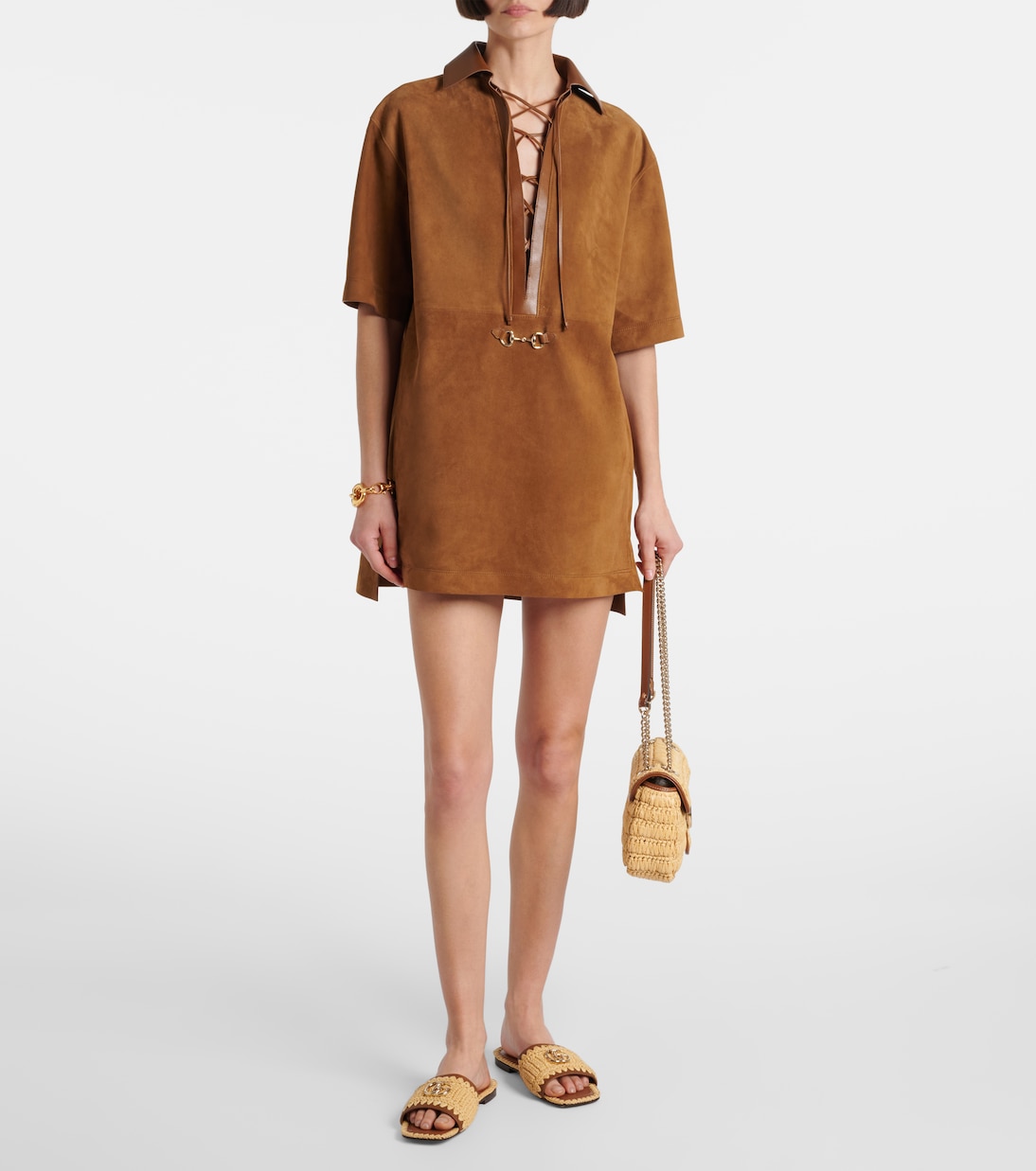 Horsebit Leather-Trimmed Suede Minidress