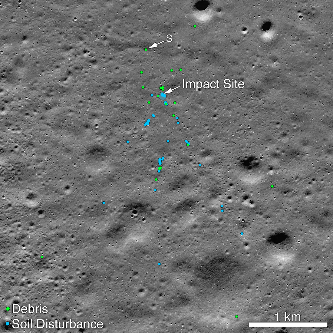 NASA&#039;s Lunar Reconnaissance Orbiter spotted debris, marked in green, and soil disturbance, marked in blue, caused by the hard impact of India&#039;s Chandrayaan-2 spacecraft on Sept. 6, 2019.