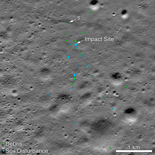 NASA's Lunar Reconnaissance Orbiter spotted debris, marked in green, and soil disturbance, marked in blue, caused by the hard impact of India's Chandrayaan-2 spacecraft on Sept. 6, 2019.