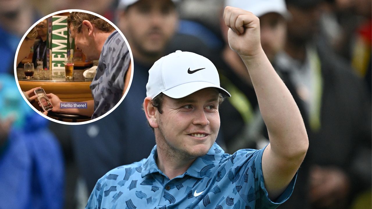 Robert MacIntyre gives a thumbs up to the crowd at the 2024 Canadian Open - inset photo is a screenshot of MacIntyre on a video call to his mum in a bar afterwards