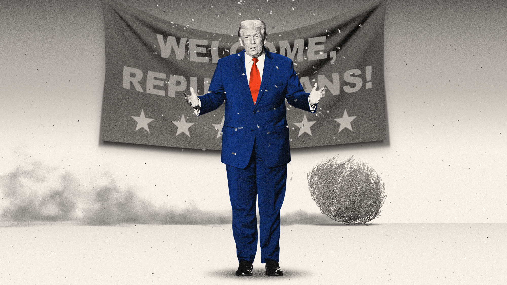 Photo collage illustration of Donald Trump in an empty venue with a tumbleweed rolling past