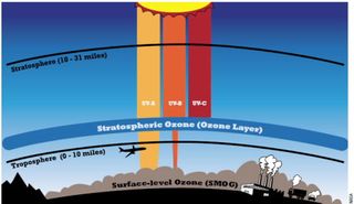 The ozone layer in the stratosphere blocks harmful UV radiation from reaching the surface of the Earth. A gamma ray burst would deplete the ozone layer, allowing UV radiation through.