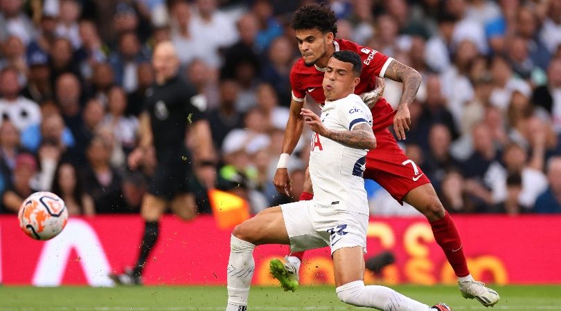 Luis Diaz scores against Tottenham for Liverpool in a strike subsequently disallowed by VAR for offside.