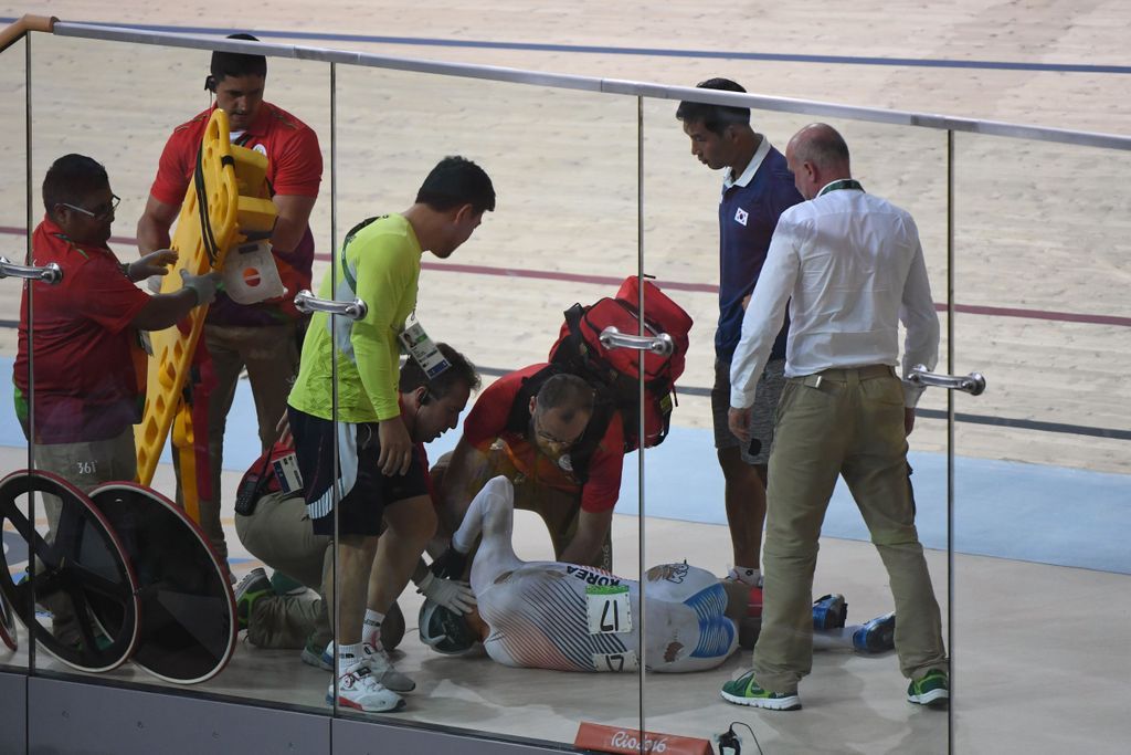 South Korea's Park Sanghoon receives attention after the crash