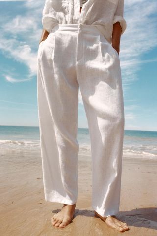 zara, ZW Collection 100% Linen Pants With Darts