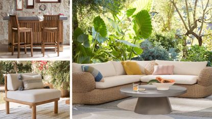 A collage of three pieces from the best outdoor furniture deals.
