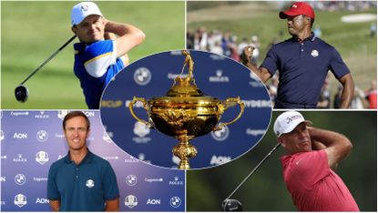 Four golfers in a montage and the Ryder Cup trophy in the middle
