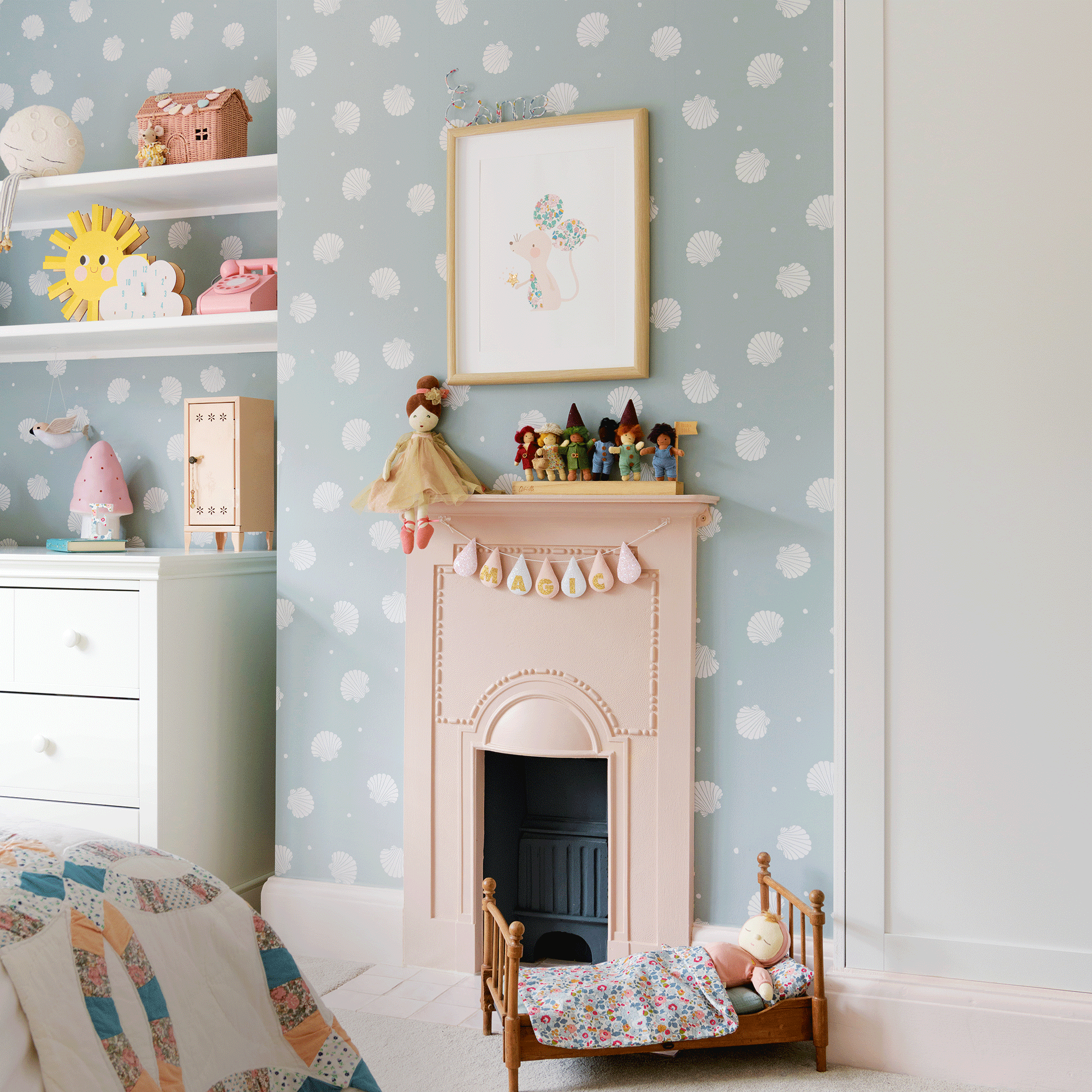 Baby blue ways with white shells and polka dot pattern