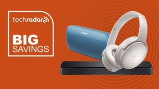 Bose headphones, soundbar and speaker on an orange background