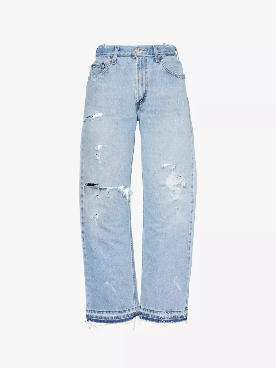 Distressed Straight-Leg Mid-Rise Jeans - Xs