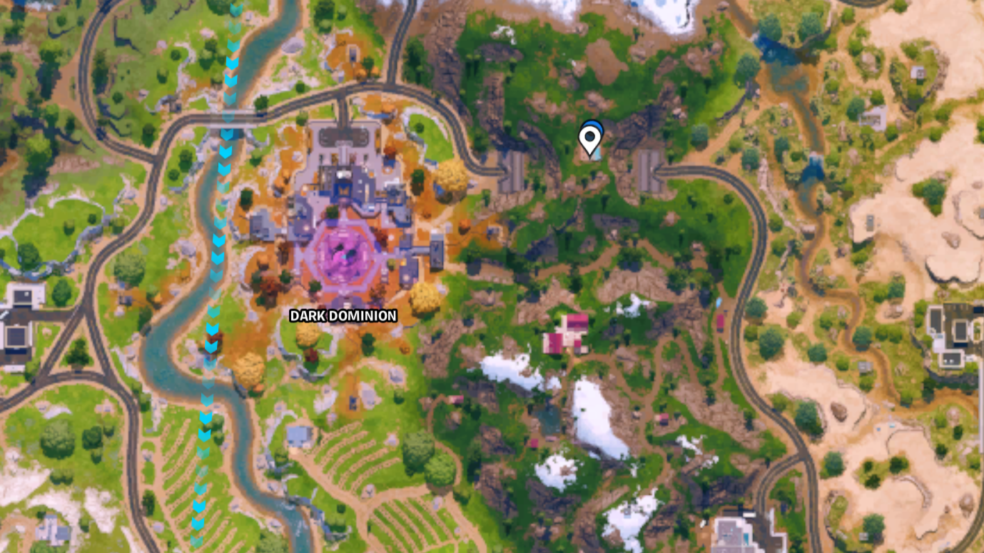 An overhead view of Fortnite's map showing the location of the piano room.