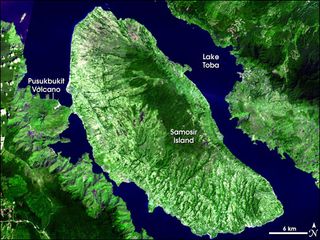 Caldera left by ancient Toba supervolcano eruption