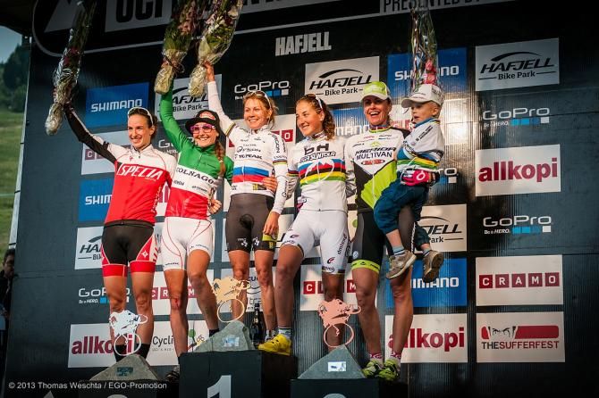 Elite women's cross country podium at the Hafjell World Cup