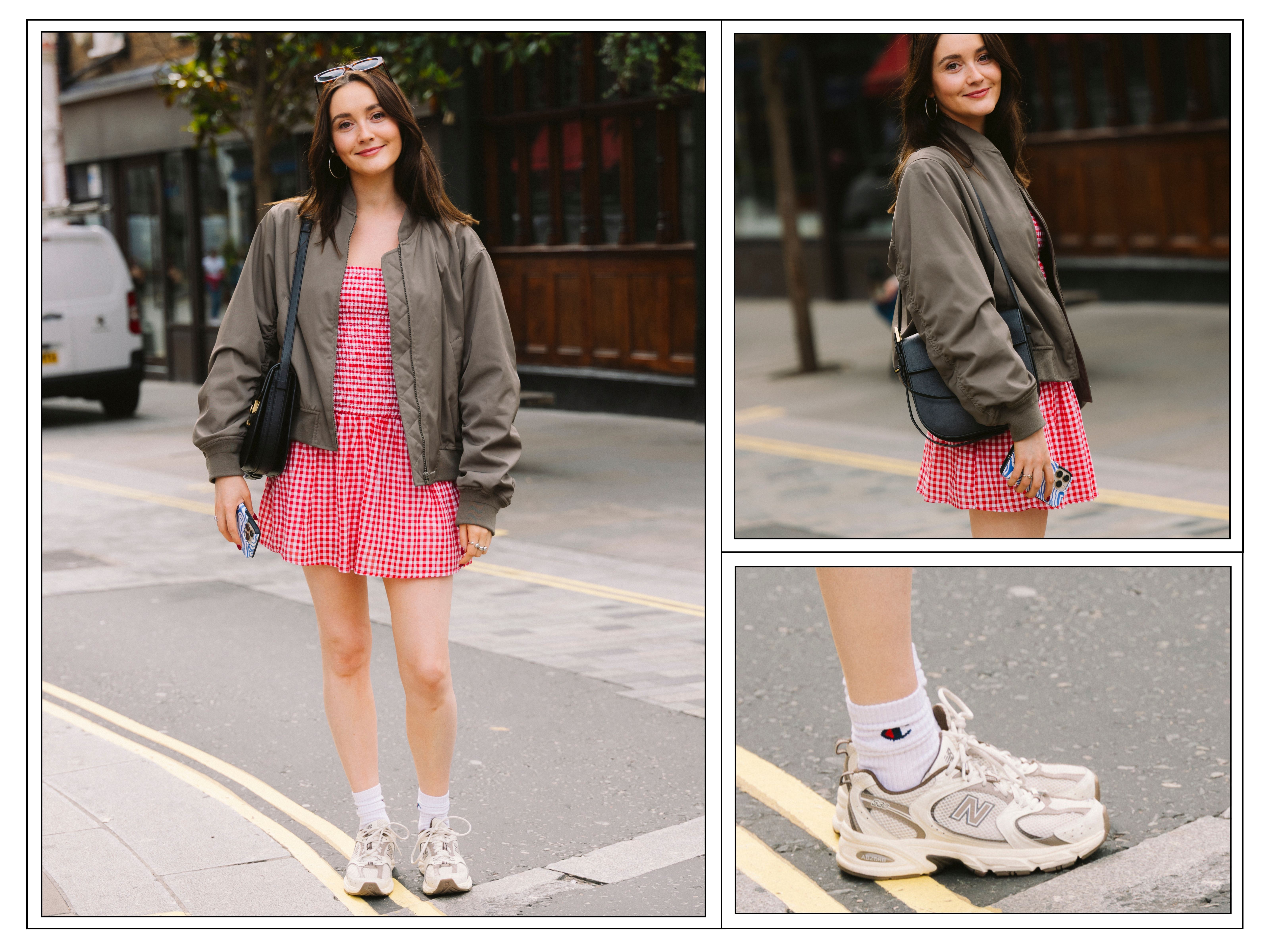 Woman wears gingham dress, olive jacket and trainers in London