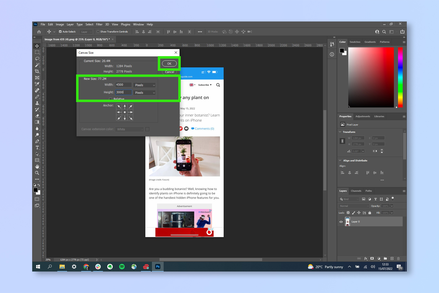 A screenshot showing the steps required to add a background in Adobe Photoshop