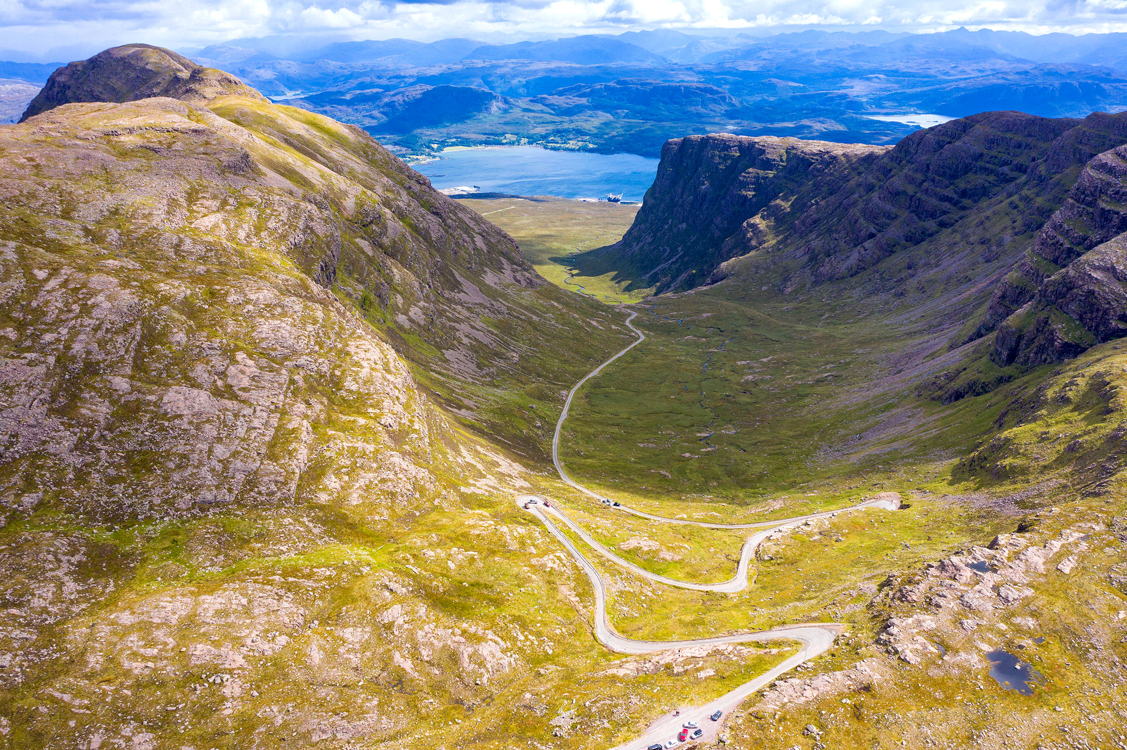 Aerial view of Bealach na Ba pass on Applecross Peninsula in Wester Ross, Scotland.