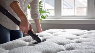 A person vacuums the top of a white mattress to get rid of dust mites